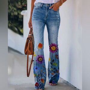 Floral Patterned Wide Leg Jeans - Light Blue Size 4XL (20)